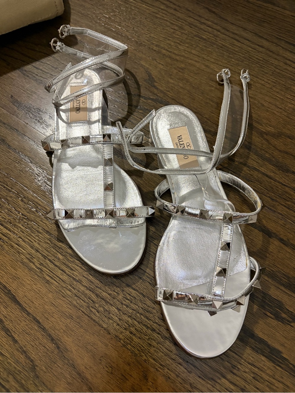 Valentino Metallic Silver Stud-Embellished Ankle-Tie Sandals